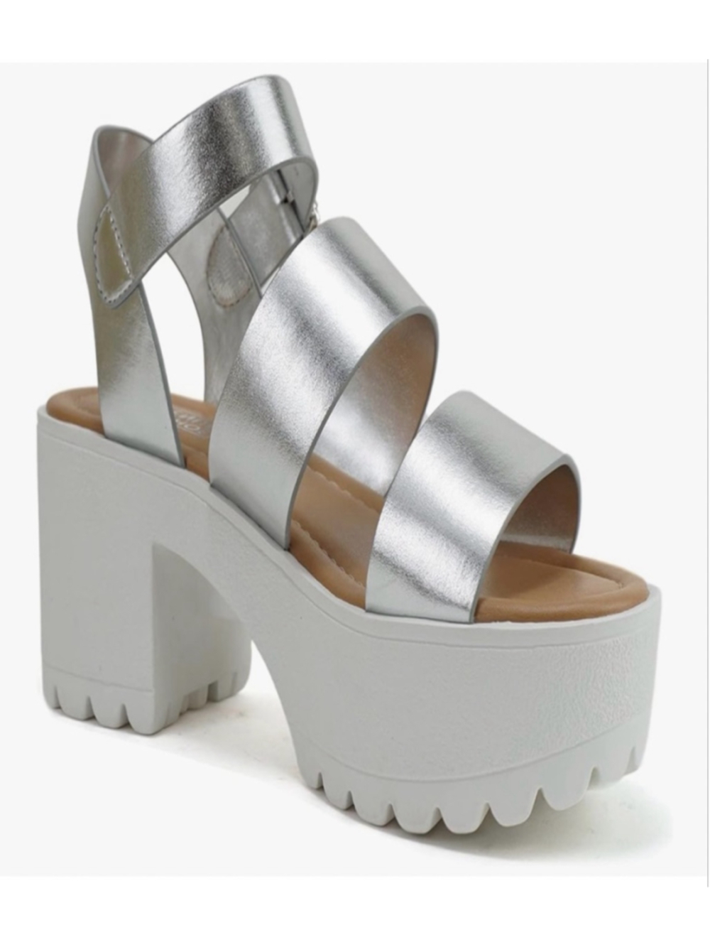 NEW Open Toe Two Bands Lug sole Silver block Heel Sandals 9 - Picture 6 of 8